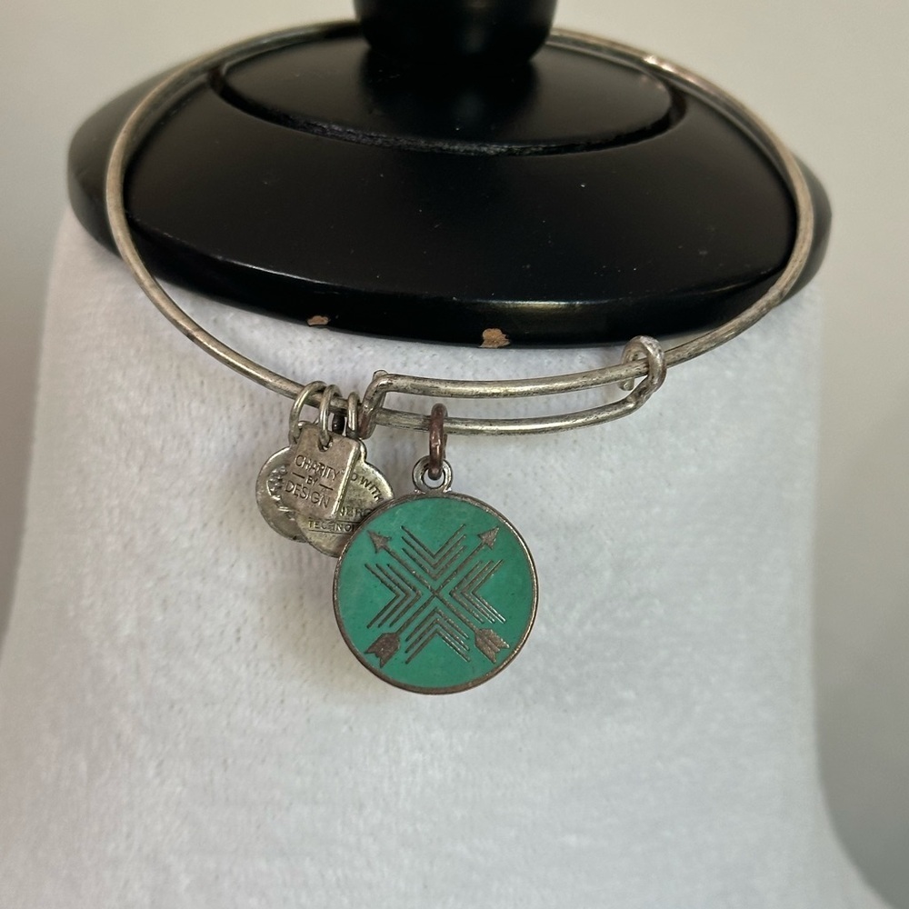 Alex and Ani- Silver Bangle Bracelet with Green Charm
